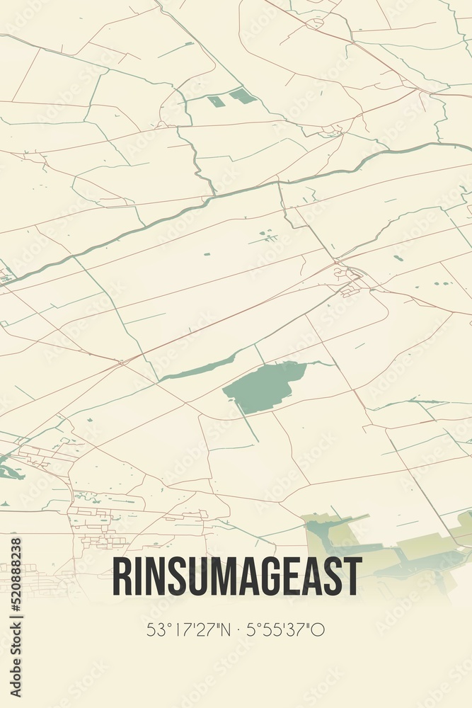 Retro Dutch city map of Rinsumageast located in Fryslan. Vintage street map. Retro Dutch city map of Rinsumageast located in Fryslan. Vintage street map.