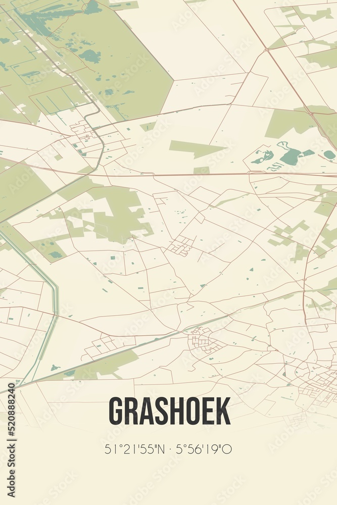 Retro Dutch city map of Grashoek located in Limburg. Vintage street map.