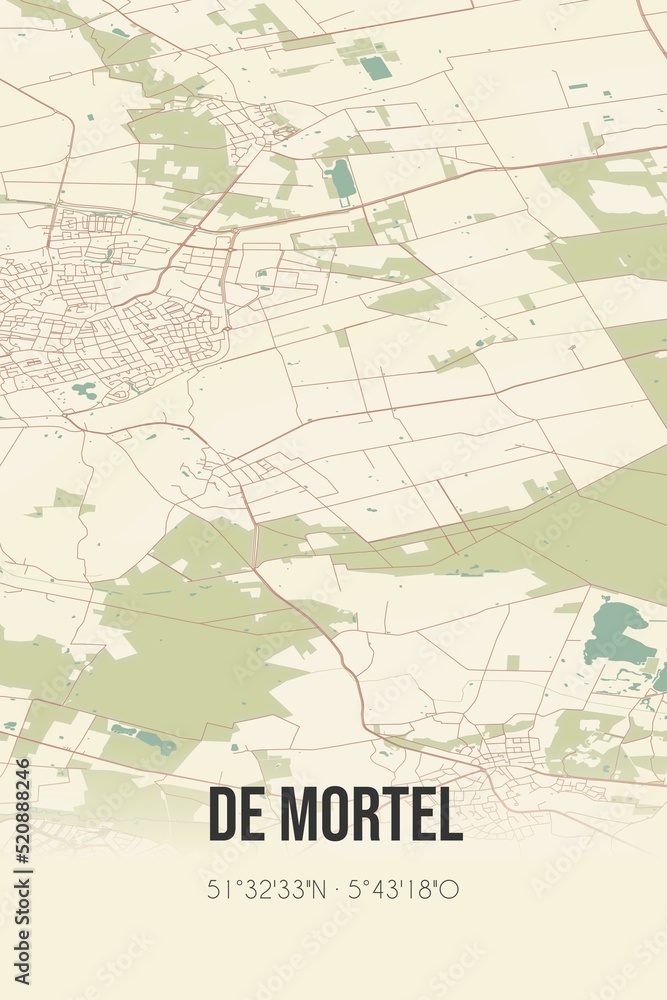 Retro Dutch city map of De Mortel located in Noord-Brabant. Vintage street map.