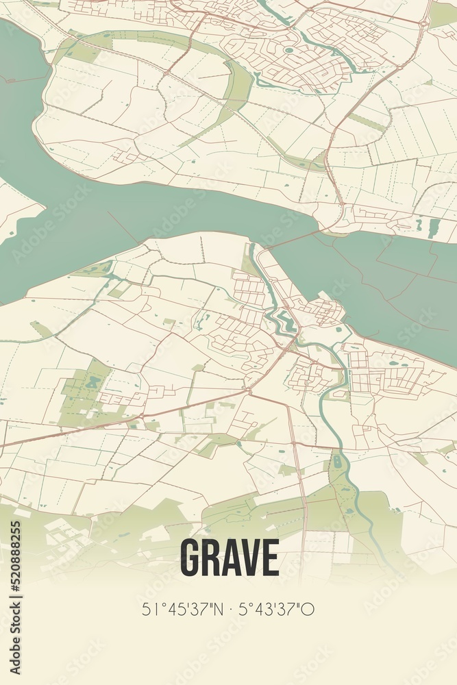 Retro Dutch city map of Grave located in Noord-Brabant. Vintage street map.