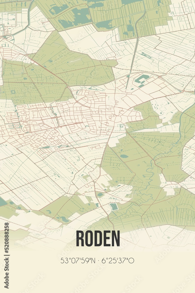 Retro Dutch city map of Roden located in Drenthe. Vintage street map.