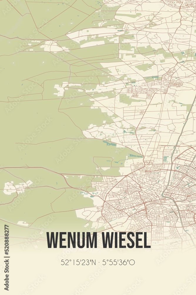Retro Dutch city map of Wenum Wiesel located in Gelderland. Vintage street map.