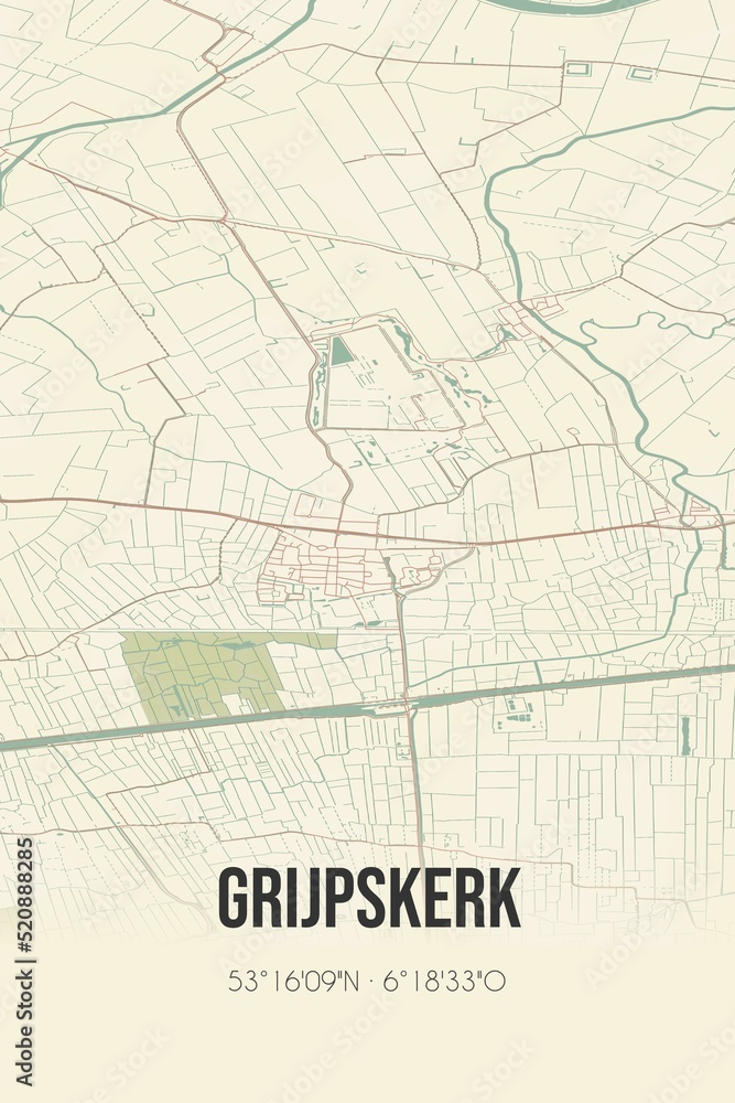 Retro Dutch city map of Grijpskerk located in Groningen. Vintage street map.