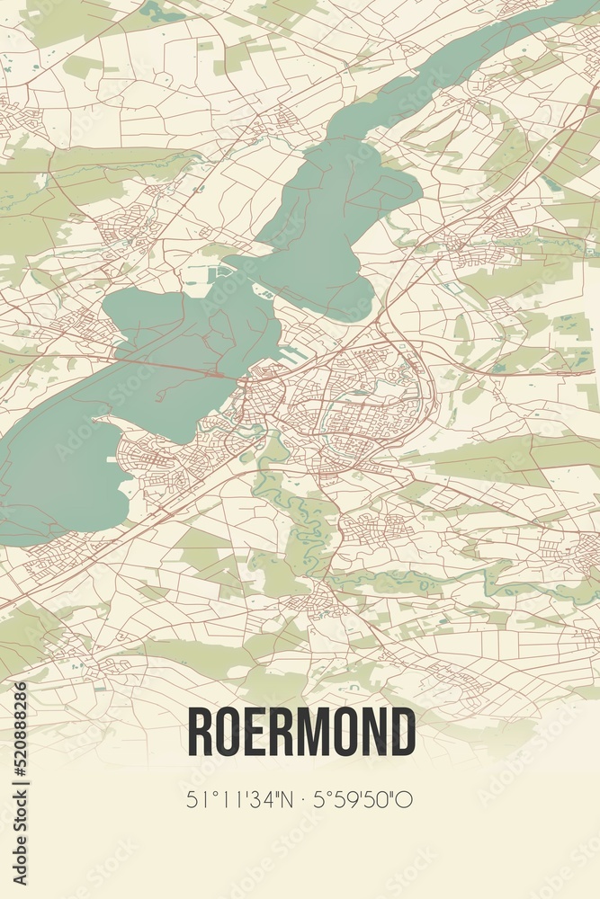 Obraz premium Retro Dutch city map of Roermond located in Limburg. Vintage street map.