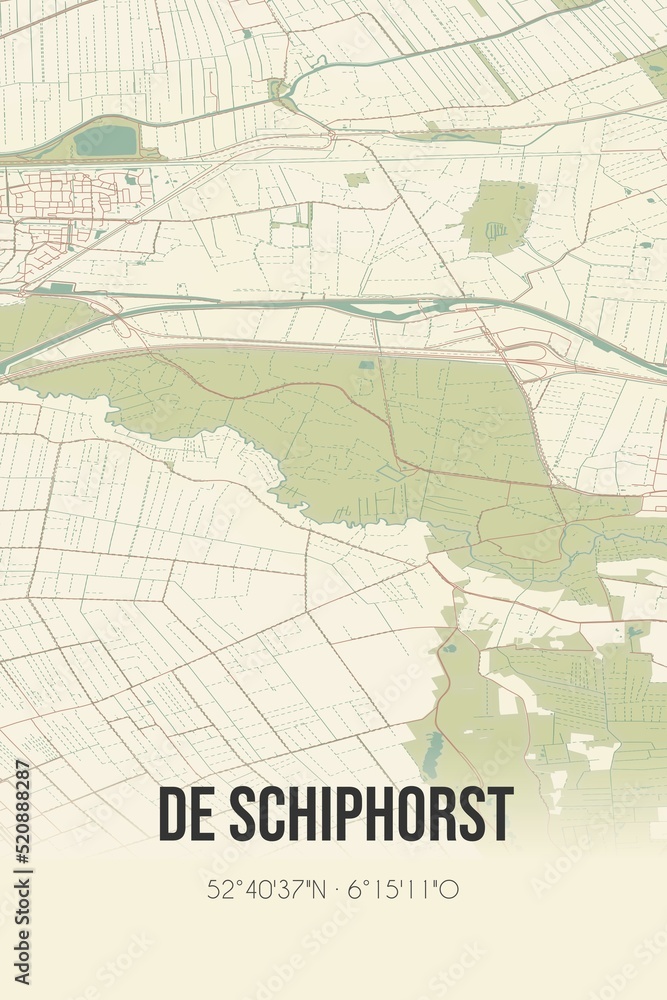 Retro Dutch city map of De Schiphorst located in Drenthe. Vintage street map.