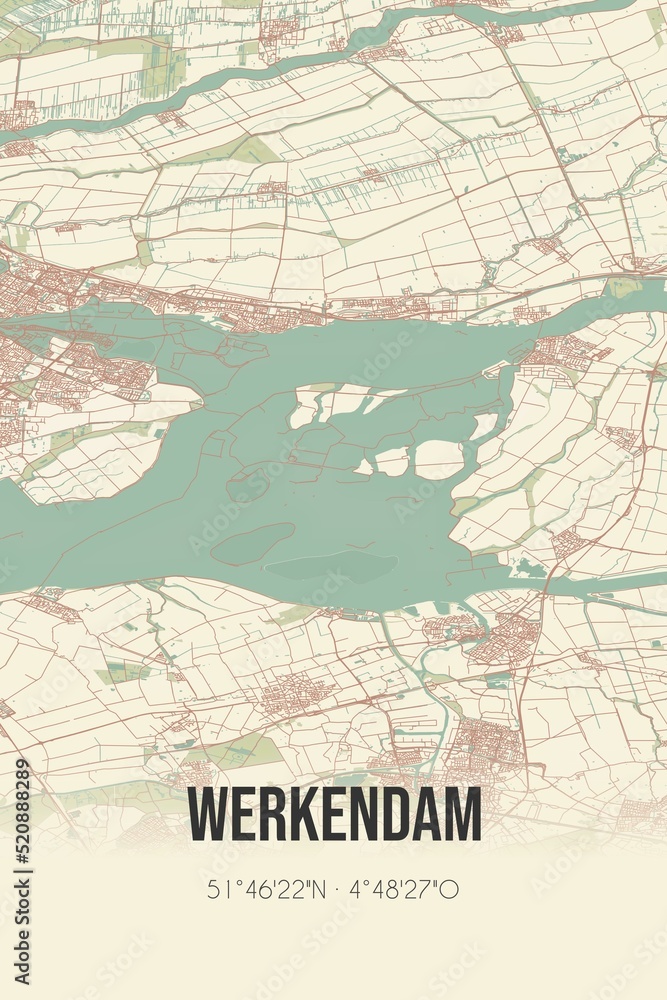Retro Dutch city map of Werkendam located in Noord-Brabant. Vintage street map.