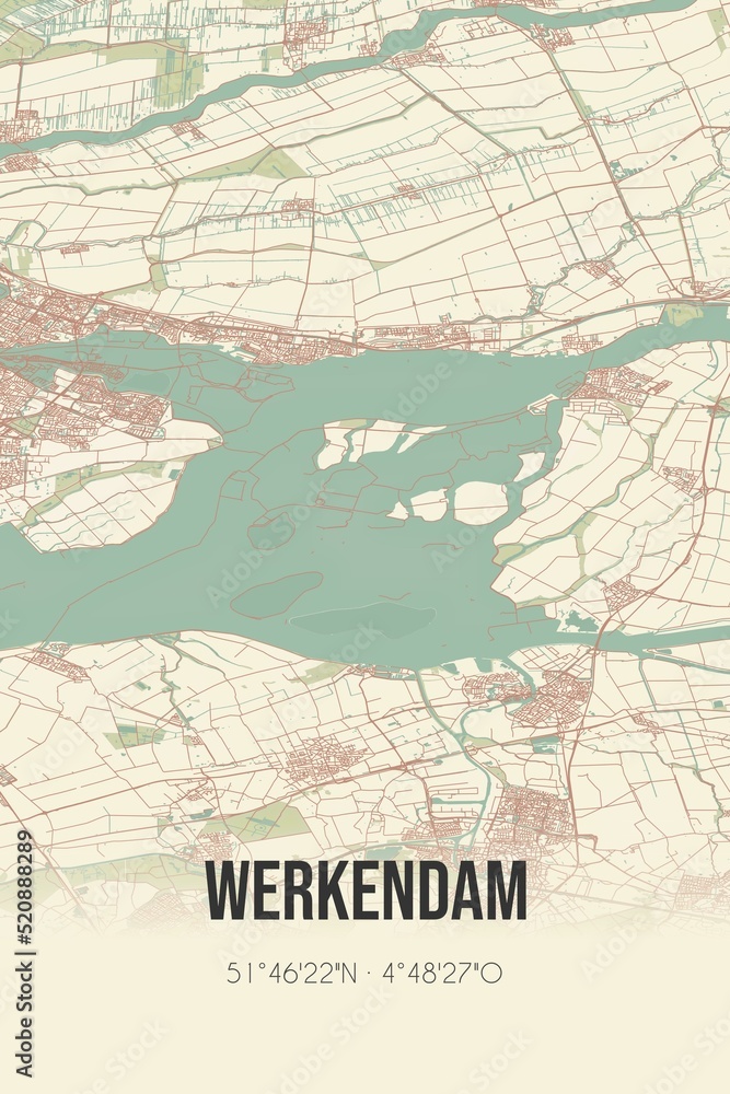Obraz premium Retro Dutch city map of Werkendam located in Noord-Brabant. Vintage street map.