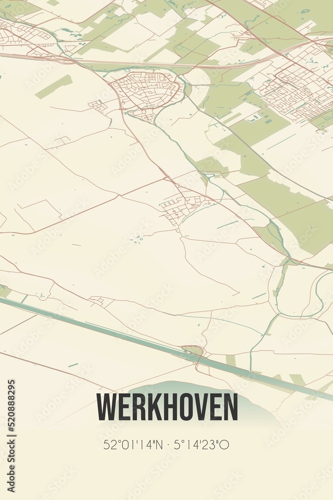Retro Dutch city map of Werkhoven located in Utrecht. Vintage street map.