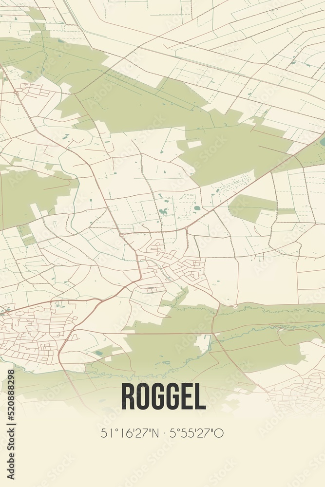 Retro Dutch city map of Roggel located in Limburg. Vintage street map.