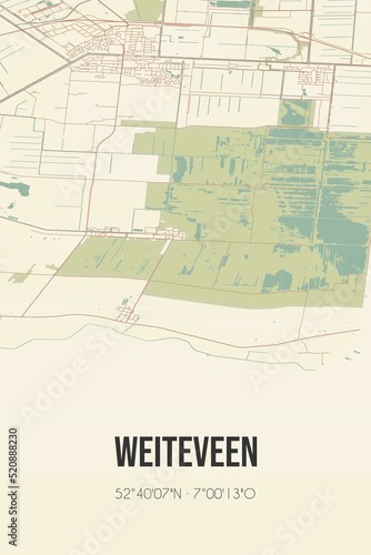 Retro Dutch city map of Weiteveen located in Drenthe. Vintage street map.