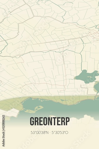 Retro Dutch city map of Greonterp located in Fryslan. Vintage street map.