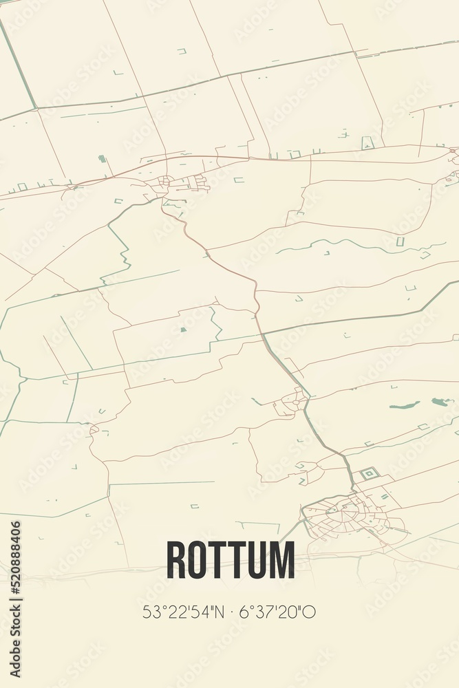 Retro Dutch city map of Rottum located in Groningen. Vintage street map.