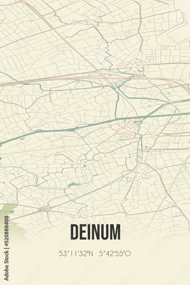 Retro Dutch city map of Deinum located in Fryslan. Vintage street map.