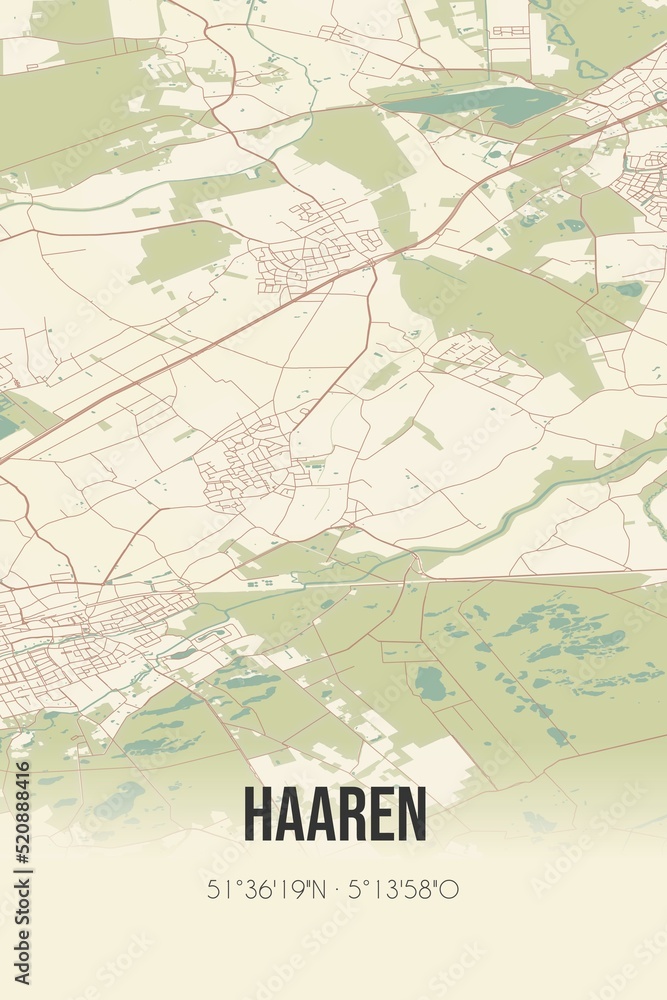 Retro Dutch city map of Haaren located in Noord-Brabant. Vintage street map.