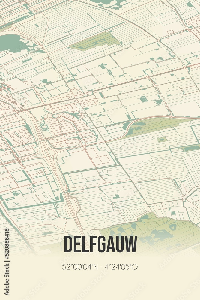 Retro Dutch city map of Delfgauw located in Zuid-Holland. Vintage street map.