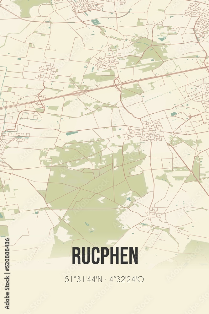Retro Dutch city map of Rucphen located in Noord-Brabant. Vintage street map.