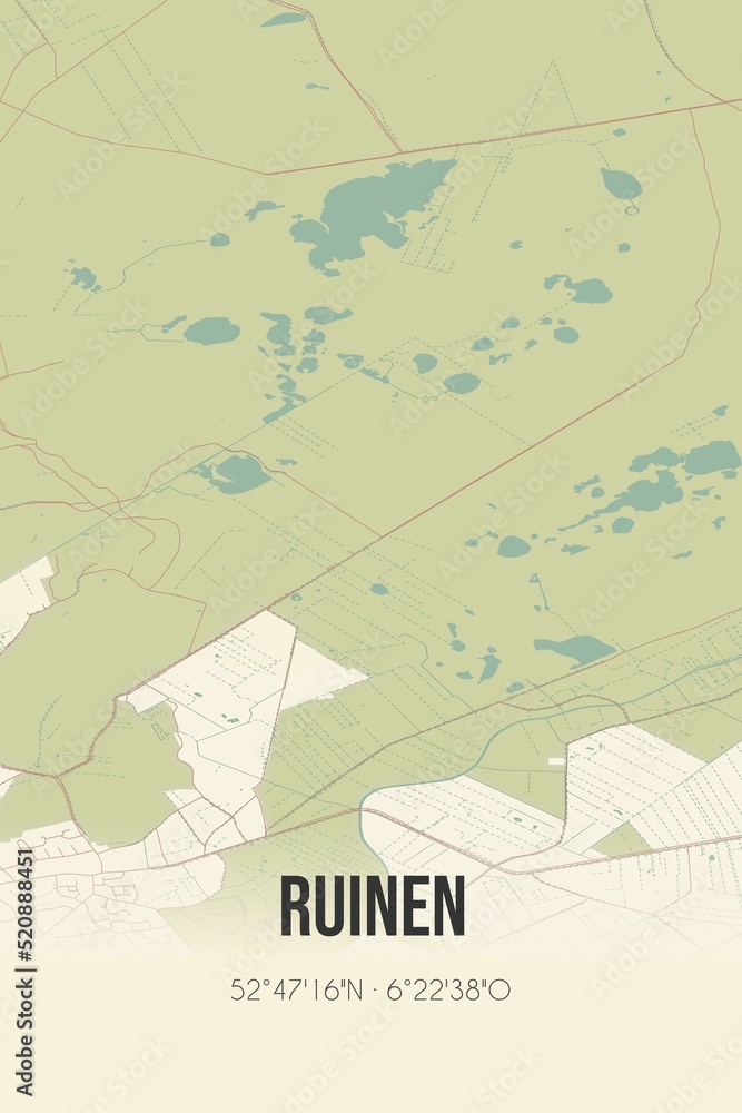 Retro Dutch city map of Ruinen located in Drenthe. Vintage street map.