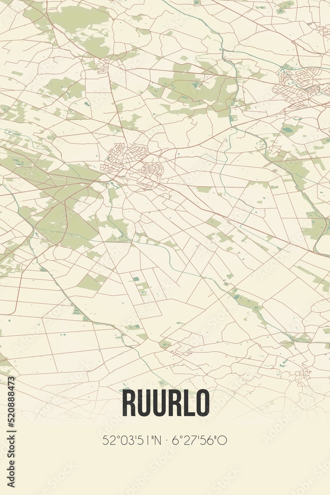 Retro Dutch city map of Ruurlo located in Gelderland. Vintage street map.