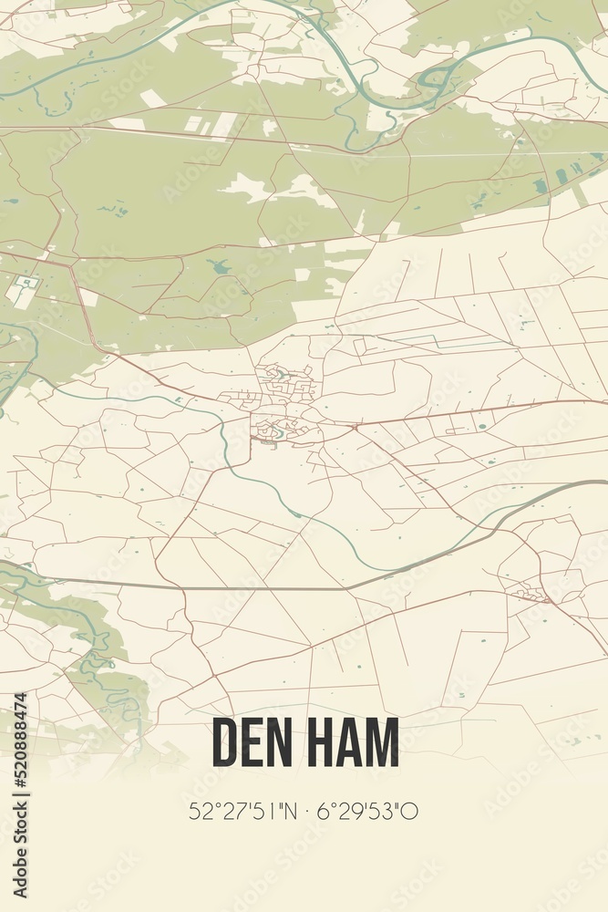 Retro Dutch city map of Den Ham located in Overijssel. Vintage street map.