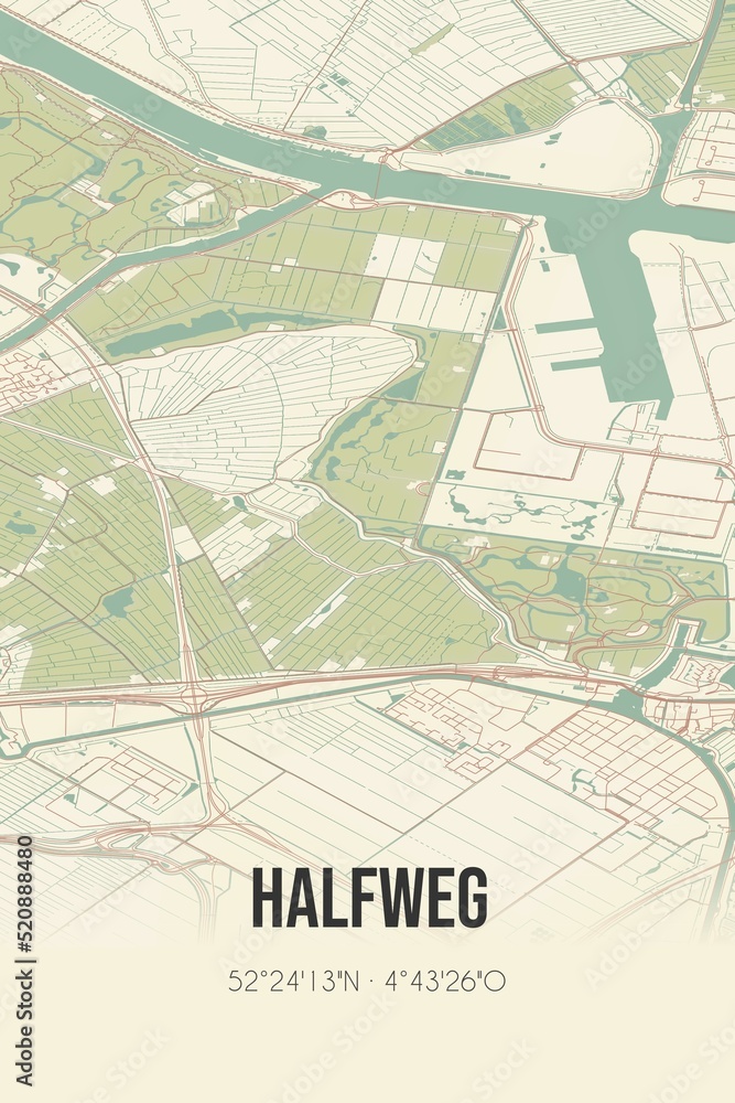 Obraz premium Retro Dutch city map of Halfweg located in Noord-Holland. Vintage street map.