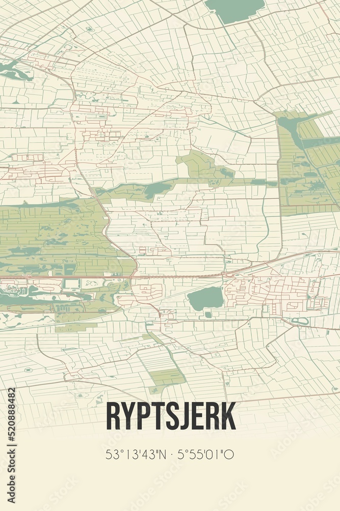 Retro Dutch city map of Ryptsjerk located in Fryslan. Vintage street map.
