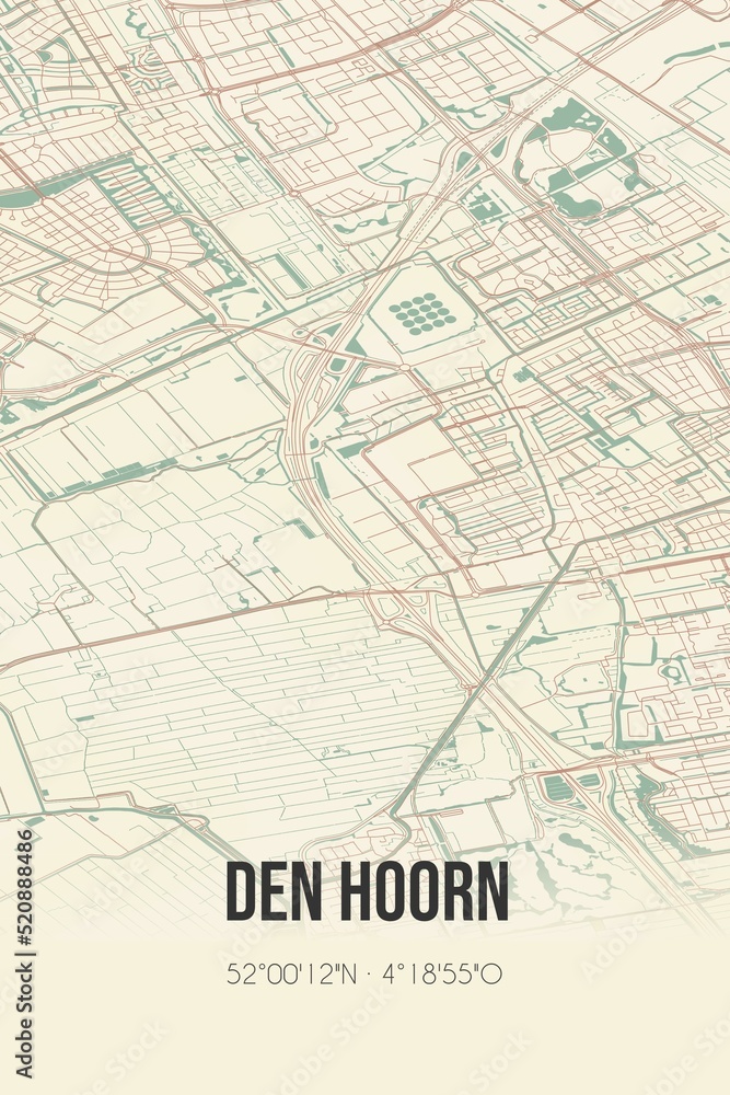 Retro Dutch city map of Den Hoorn located in Zuid-Holland. Vintage street map.