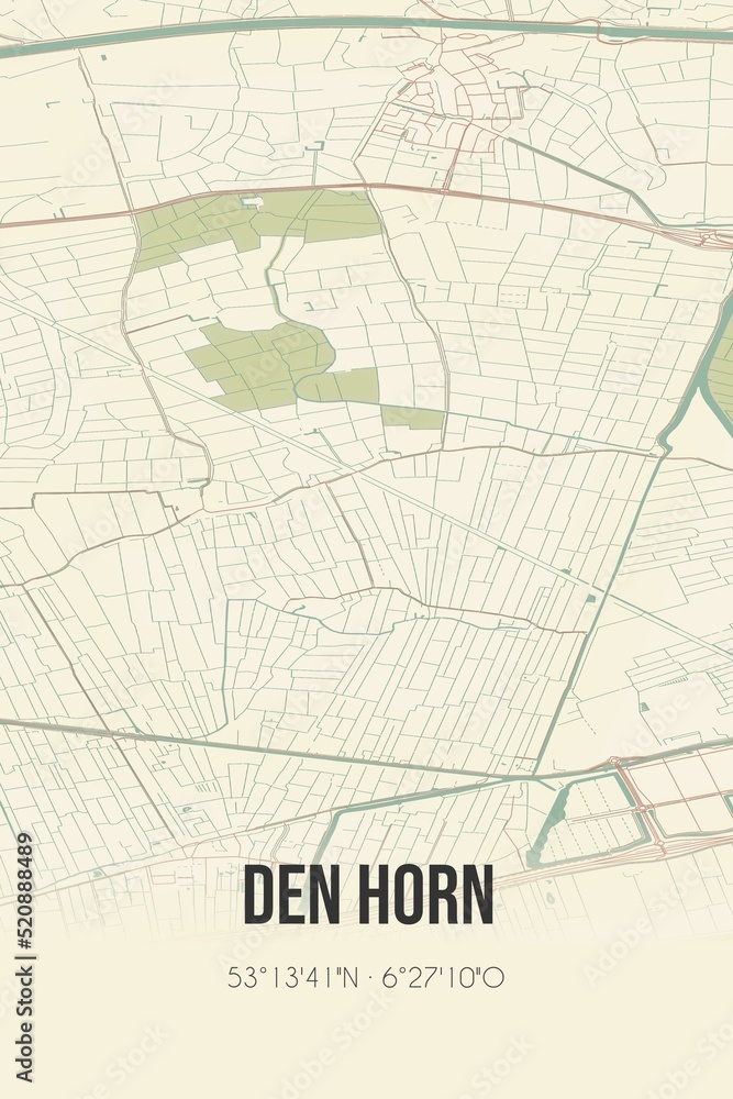 Retro Dutch city map of Den Horn located in Groningen. Vintage street map.
