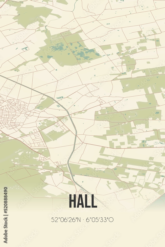 Retro Dutch city map of Hall located in Gelderland. Vintage street map.