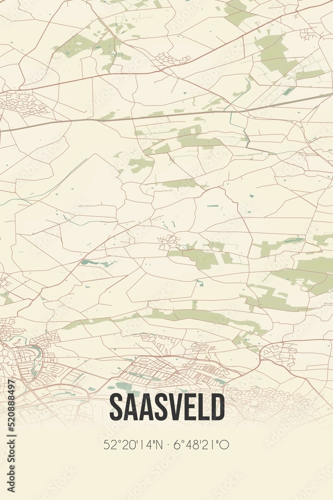 Retro Dutch city map of Saasveld located in Overijssel. Vintage street map.