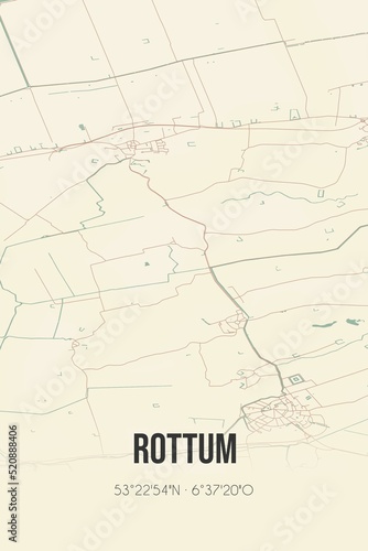 Retro Dutch city map of Rottum located in Groningen. Vintage street map.