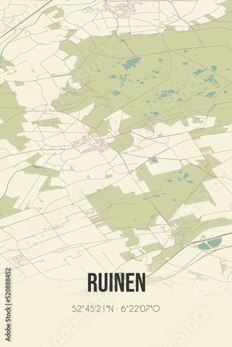 Retro Dutch city map of Ruinen located in Drenthe. Vintage street map.