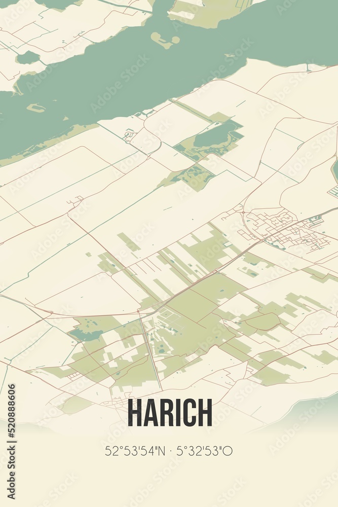 Retro Dutch city map of Harich located in Fryslan. Vintage street map.