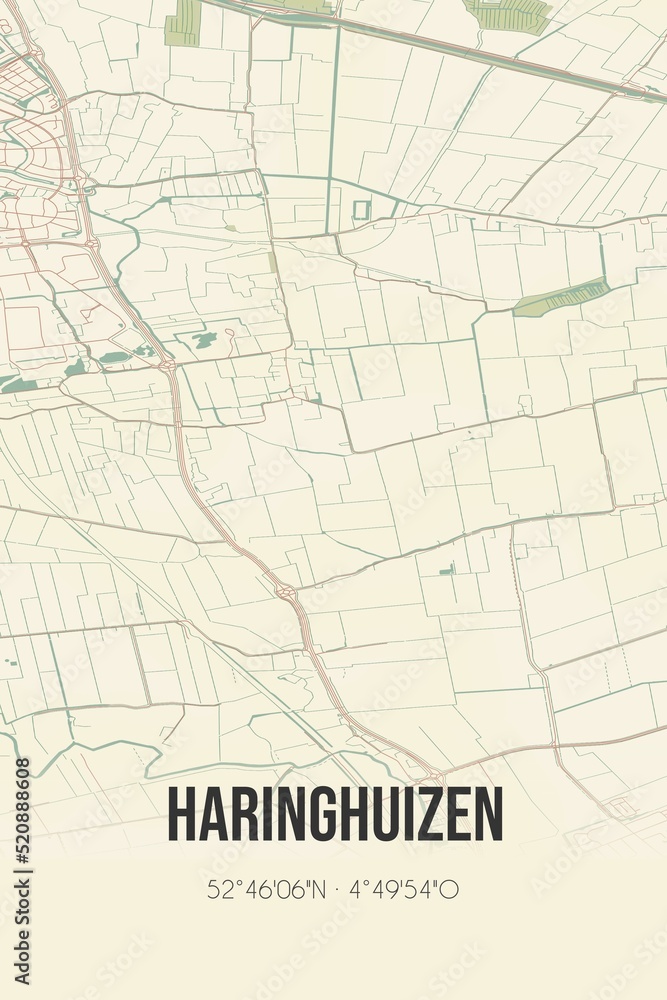 Retro Dutch city map of Haringhuizen located in Noord-Holland. Vintage street map.