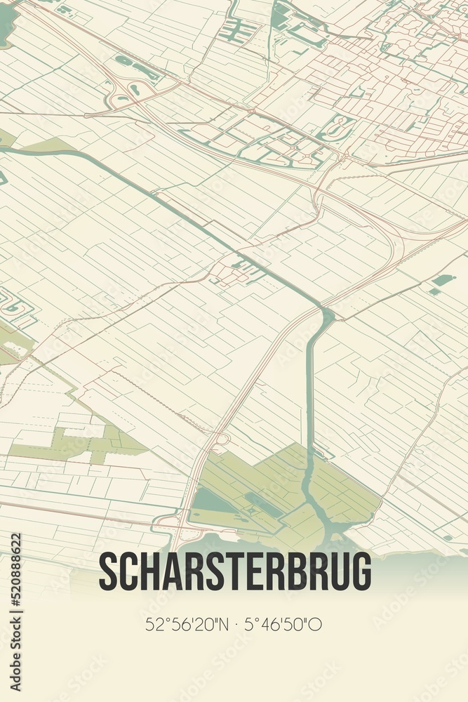 Retro Dutch city map of Scharsterbrug located in Fryslan. Vintage street map.