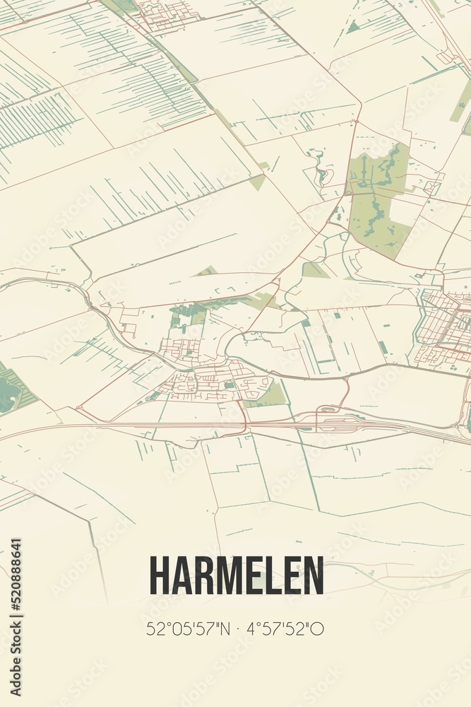 Retro Dutch city map of Harmelen located in Utrecht. Vintage street map.