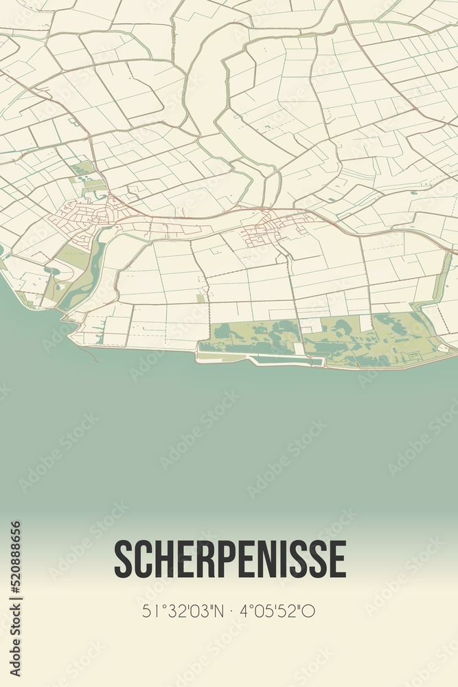 Fototapeta premium Retro Dutch city map of Scherpenisse located in Zeeland. Vintage street map.