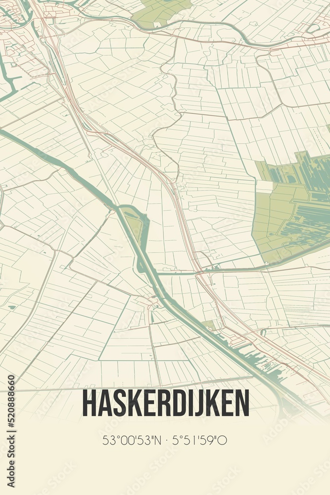 Retro Dutch city map of Haskerdijken located in Fryslan. Vintage street map.