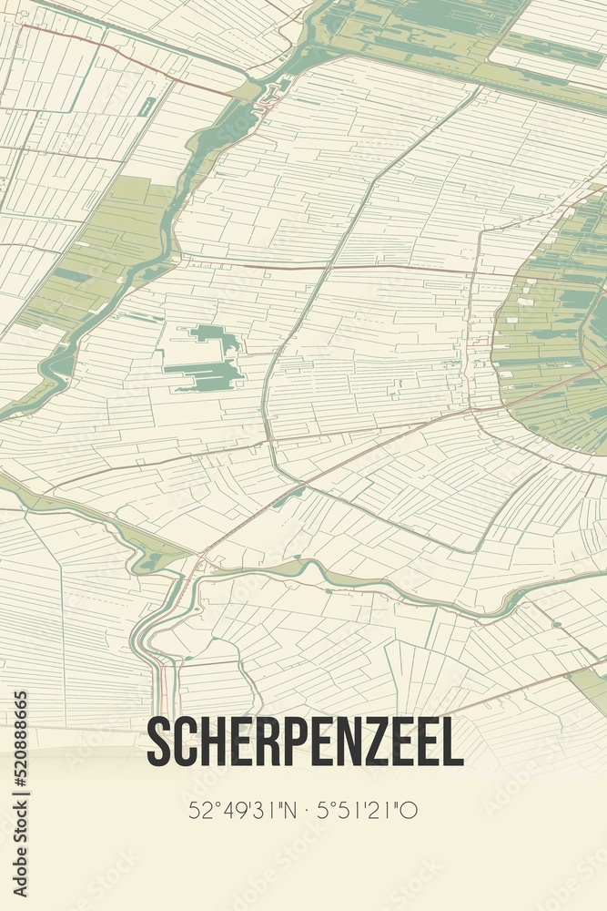 Retro Dutch city map of Scherpenzeel located in Fryslan. Vintage street map.