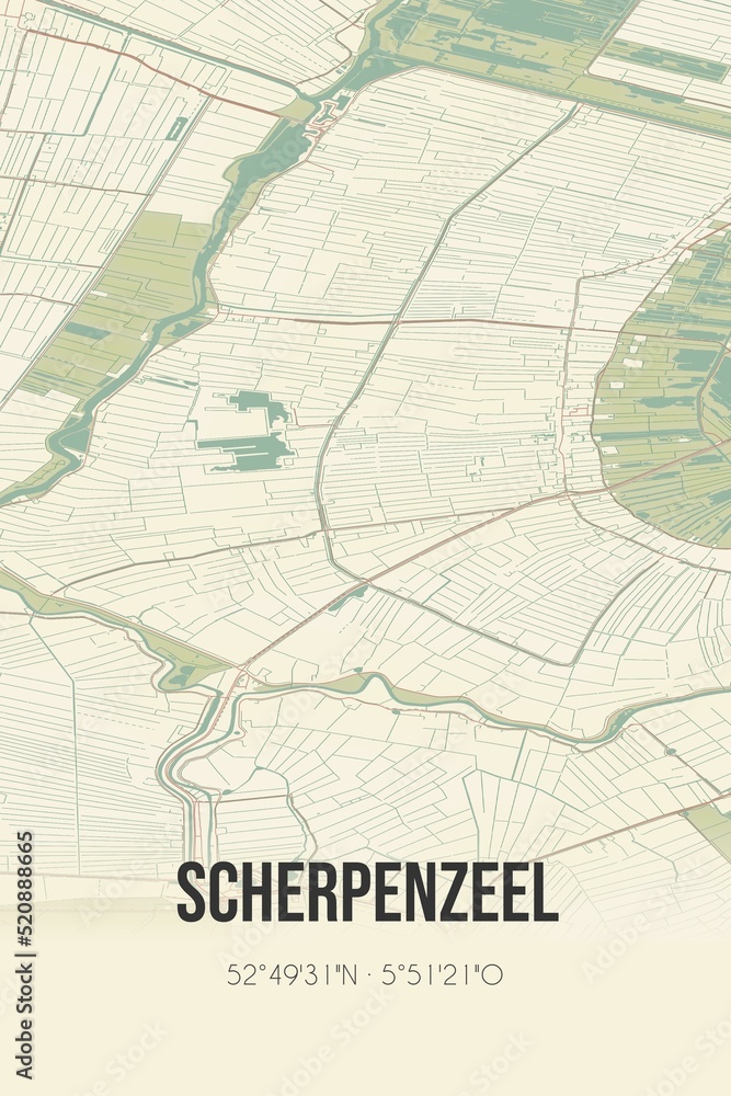 Retro Dutch city map of Scherpenzeel located in Fryslan. Vintage street map. Retro Dutch city map of Scherpenzeel located in Fryslan. Vintage street map.