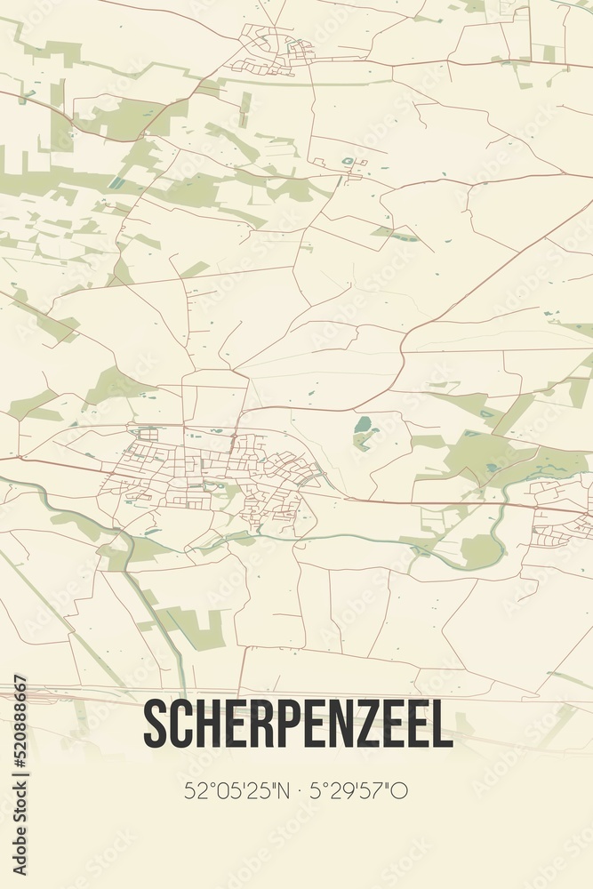 Retro Dutch city map of Scherpenzeel located in Gelderland. Vintage street map.