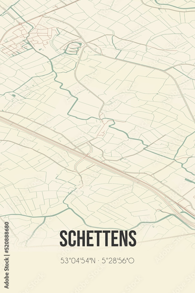 Retro Dutch city map of Schettens located in Fryslan. Vintage street map.
