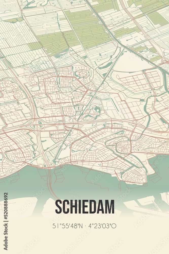 Retro Dutch city map of Schiedam located in Zuid-Holland. Vintage street map.