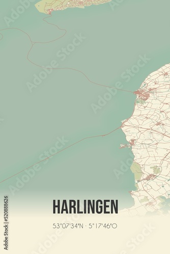 Retro Dutch city map of Harlingen located in Fryslan. Vintage street map. photo