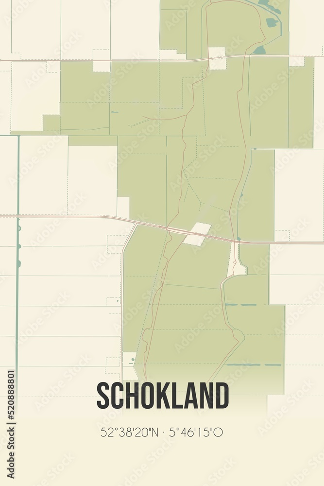 Retro Dutch city map of Schokland located in Flevoland. Vintage street map.