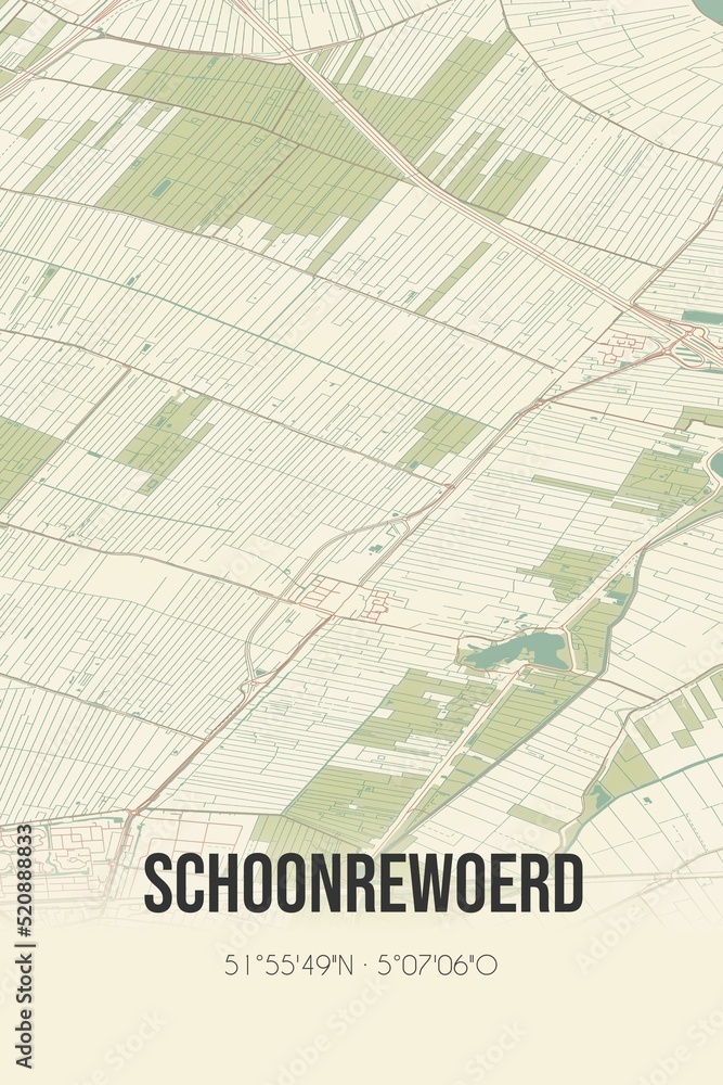 Retro Dutch city map of Schoonrewoerd located in Utrecht. Vintage street map.