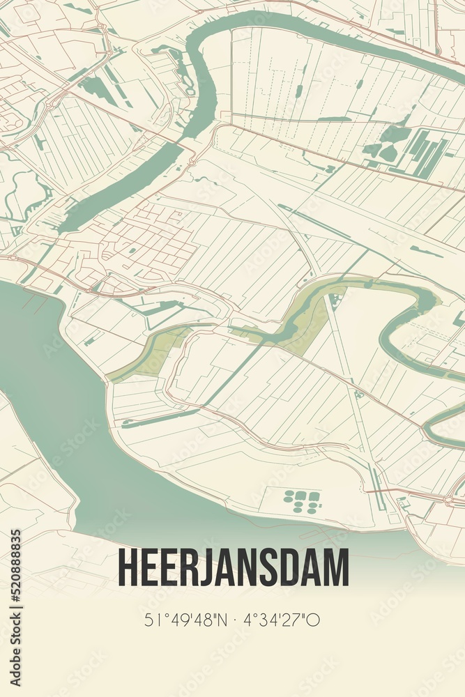 Obraz premium Retro Dutch city map of Heerjansdam located in Zuid-Holland. Vintage street map.