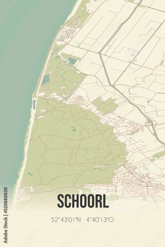 Retro Dutch city map of Schoorl located in Noord-Holland. Vintage street map.
