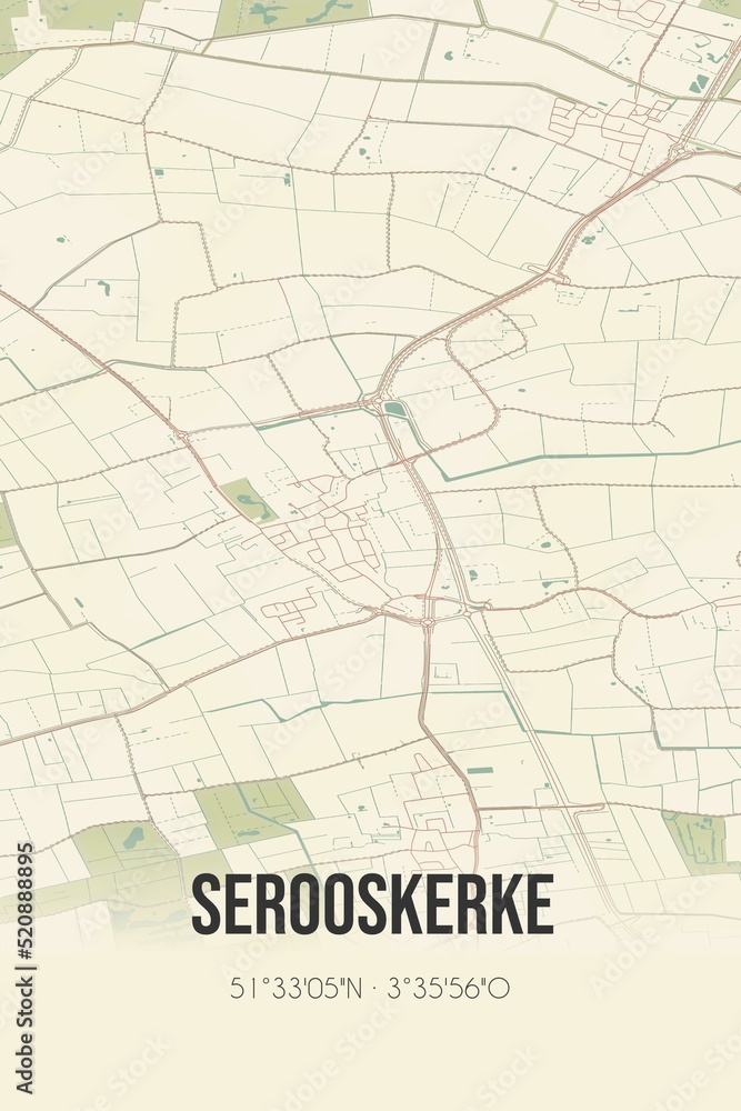 Obraz premium Retro Dutch city map of Serooskerke located in Zeeland. Vintage street map.