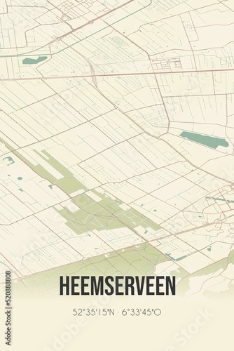 Retro Dutch city map of Heemserveen located in Overijssel. Vintage street map.