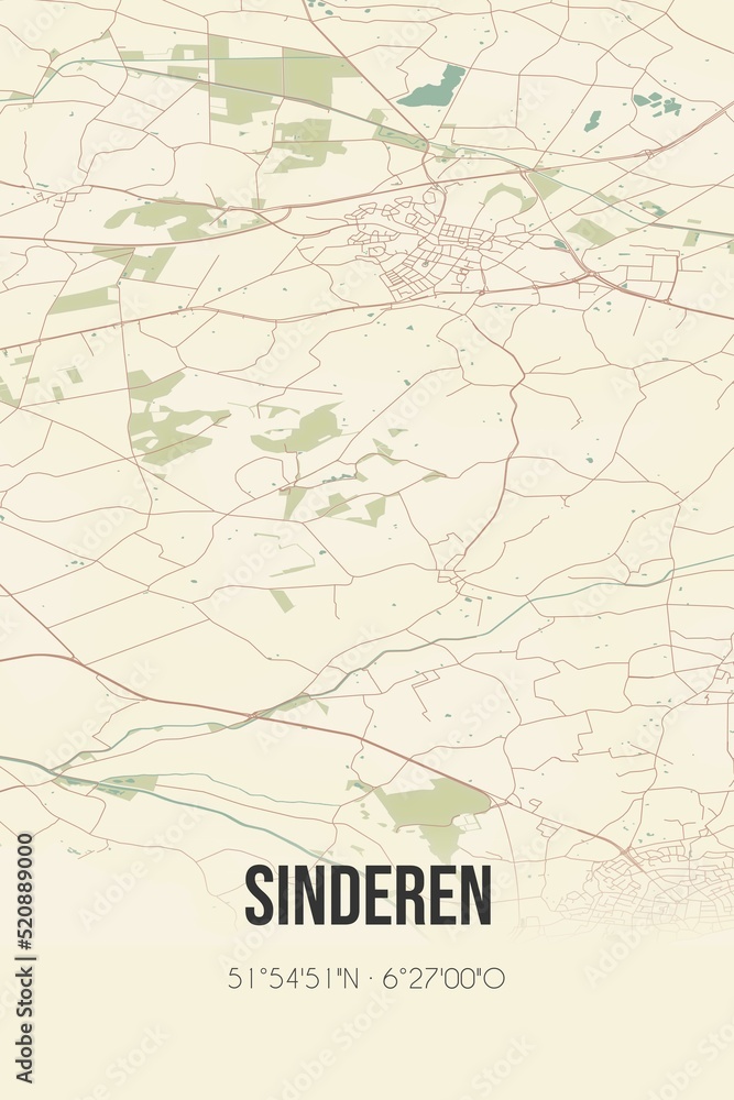 Retro Dutch city map of Sinderen located in Gelderland. Vintage street map.